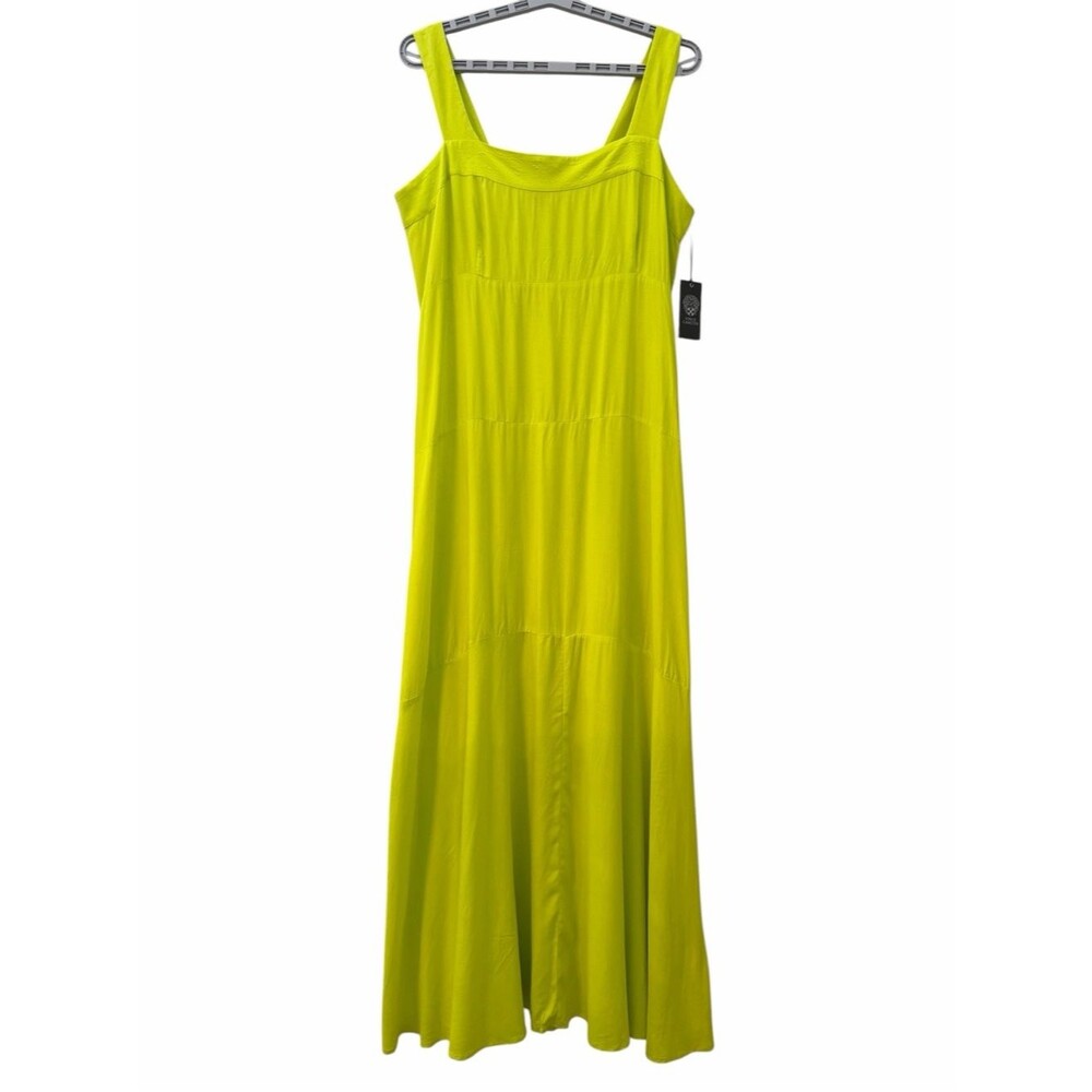 Vince Camuto Lime Green Square Neck Shirred Back Sleeveless Maxi Dress Sz XL